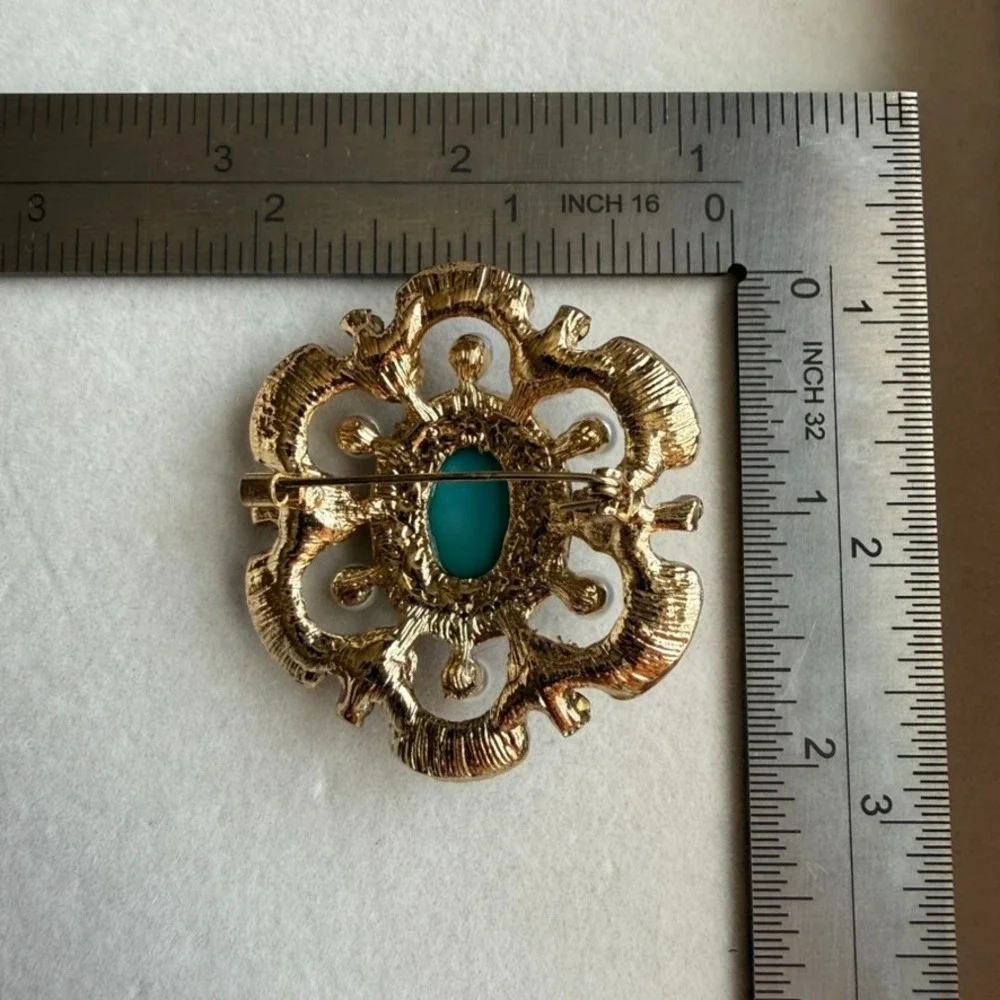 Teal Cabochon Brooch Vintage Style Gold Tone Faux Pearl Rhinestone Statement Pin